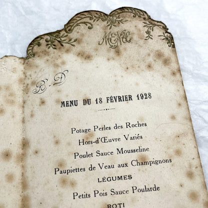 1920s - Antique French Menu 1928 February 18 - Formal Dinner Program Historical Collectible Ephemera Vintage Elegant Supper Card
