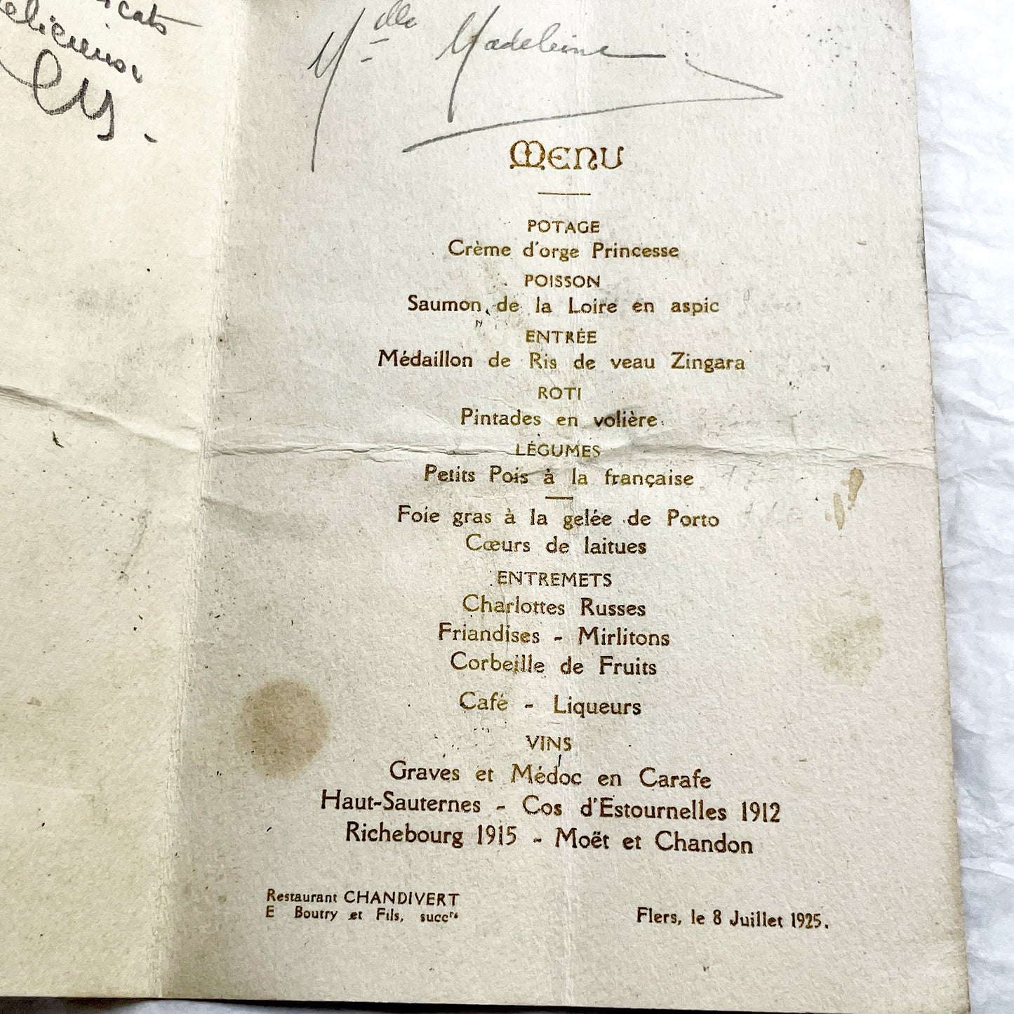 1920s - Antique French Menu From Restaurant Chandivert Flers - Elegant Wedding Dinner - Historic French Cuisine Collectible