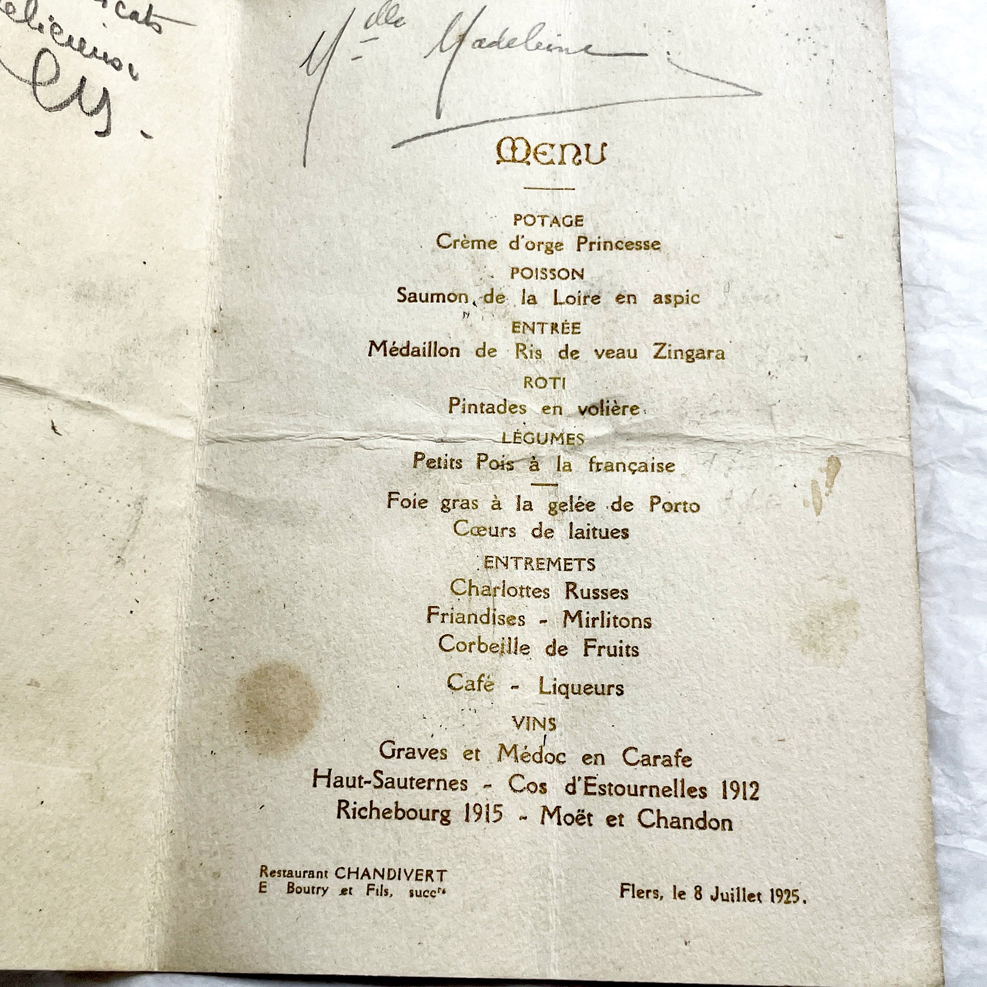 1920s - Antique French Menu From Restaurant Chandivert Flers - Elegant Wedding Dinner - Historic French Cuisine Collectible