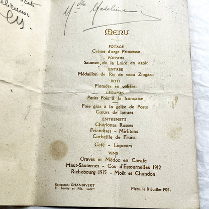 1920s - Antique French Menu From Restaurant Chandivert Flers - Elegant Wedding Dinner - Historic French Cuisine Collectible