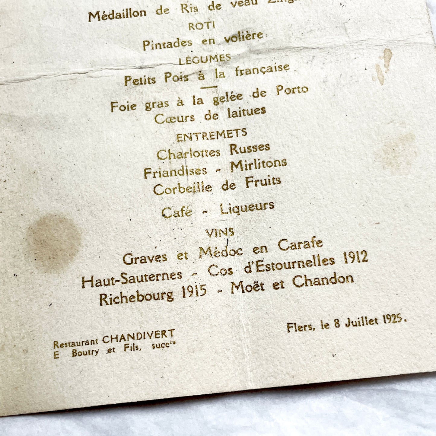 1920s - Antique French Menu From Restaurant Chandivert Flers - Elegant Wedding Dinner - Historic French Cuisine Collectible