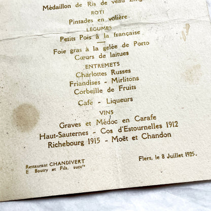 1920s - Antique French Menu From Restaurant Chandivert Flers - Elegant Wedding Dinner - Historic French Cuisine Collectible