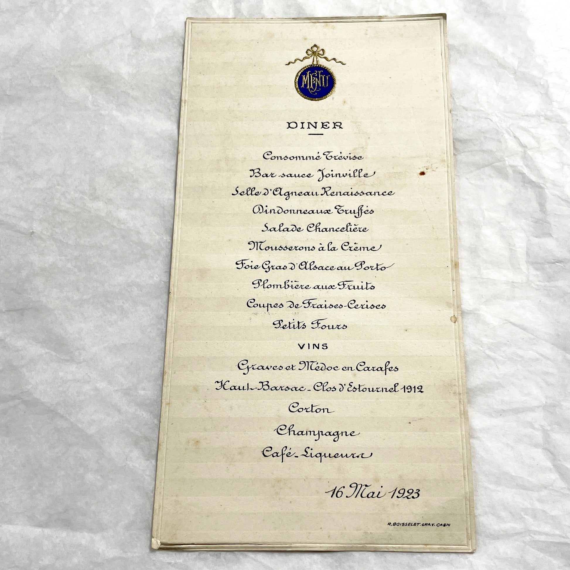1920s - Vintage French Dinner Menu - 1923 Elegant Dining Card - Luxury Cuisine Experience - Historical Culinary Ephemera - Collectible Paper