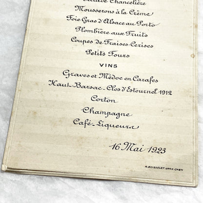 1920s - Vintage French Dinner Menu - 1923 Elegant Dining Card - Luxury Cuisine Experience - Historical Culinary Ephemera - Collectible Paper