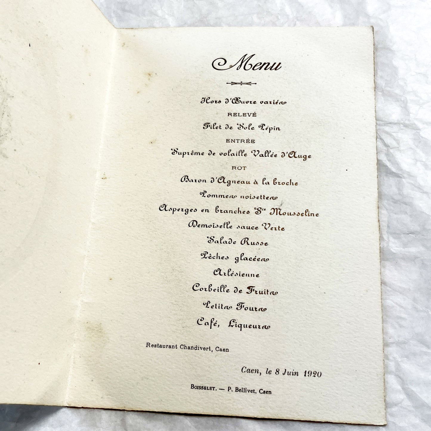 1920s - Vintage French Wedding Menu - Elegant Illustrated Monogram - Caen, June 8, 1920 - Historic Dinner Ephemera Collectible