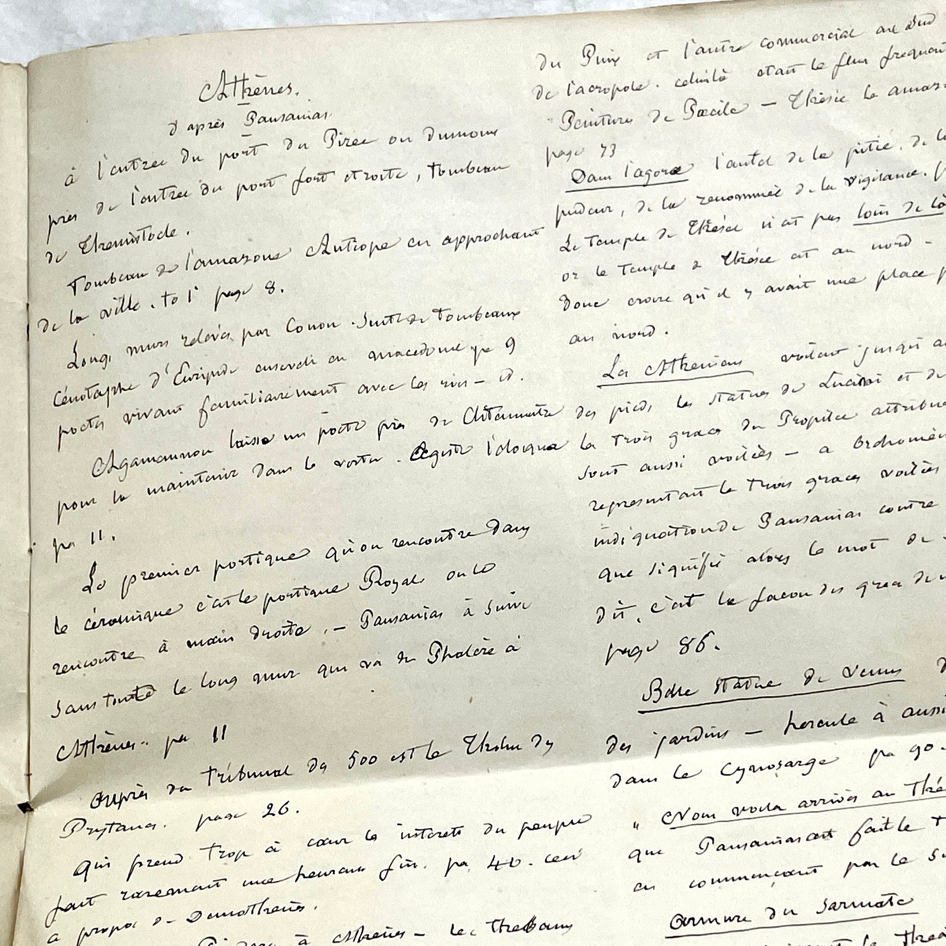 1900s French handwritten manuscript pages detailing ancient Greece history and mythology with elegant script.