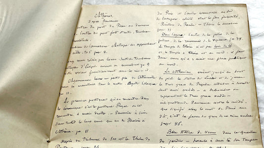 1900s French handwritten manuscript pages detailing ancient Greece history and mythology with elegant script.