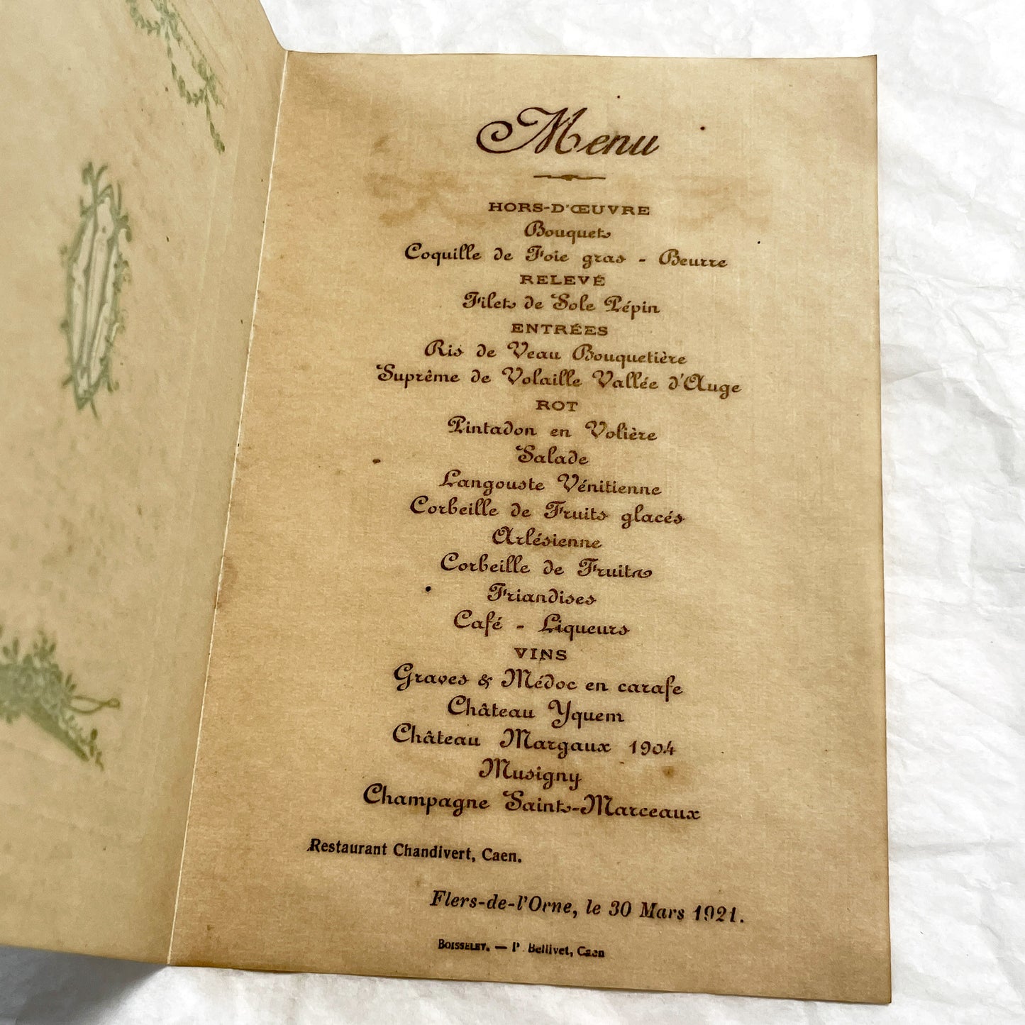 1920s - Antique French Dinner Menu Collectible - Formal Dining Ephemera - Vintage Restaurant Chandivert Caen - Historical Culinary Document