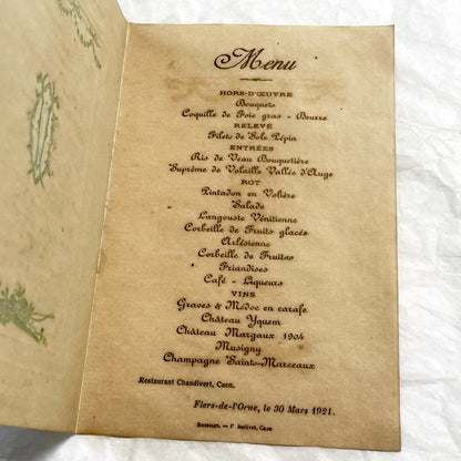 1920s - Antique French Dinner Menu Collectible - Formal Dining Ephemera - Vintage Restaurant Chandivert Caen - Historical Culinary Document