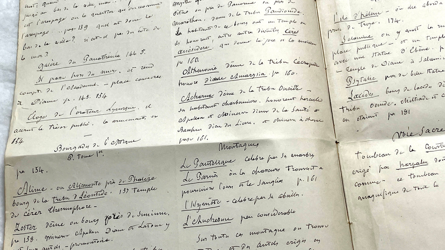 1900s French handwritten manuscript pages detailing ancient Greece history and mythology with elegant script.