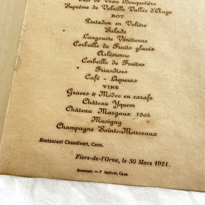 1920s - Antique French Dinner Menu Collectible - Formal Dining Ephemera - Vintage Restaurant Chandivert Caen - Historical Culinary Document