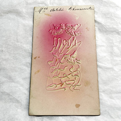 1920s - Antique French Menu Card - Embossed Floral Design - Handwritten Dinner & Lunch Celebration - December 1920