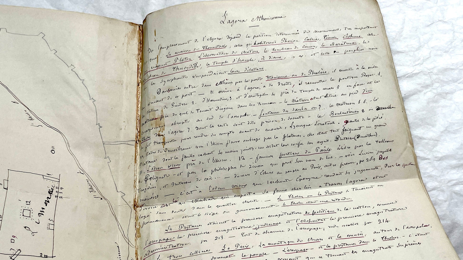 1900s French handwritten manuscript pages detailing ancient Greece history and mythology with elegant script.