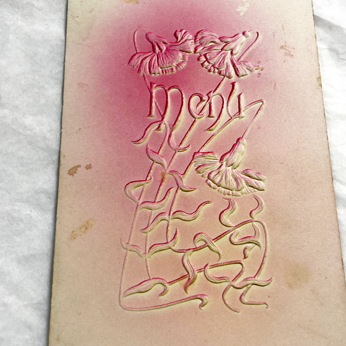 1920s - Antique French Menu Card - Embossed Floral Design - Handwritten Dinner & Lunch Celebration - December 1920