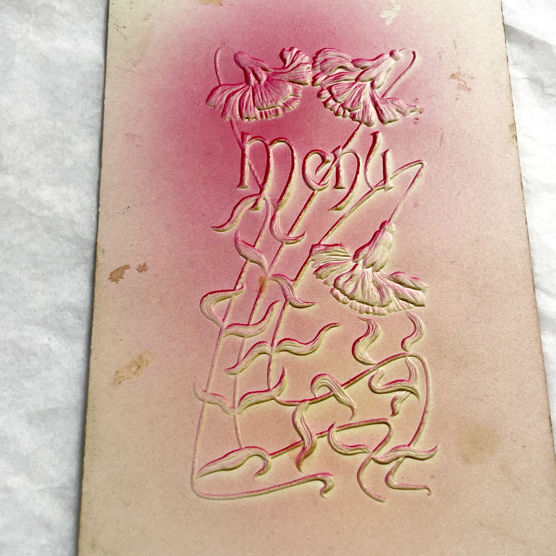 1920s - Antique French Menu Card - Embossed Floral Design - Handwritten Dinner & Lunch Celebration - December 1920