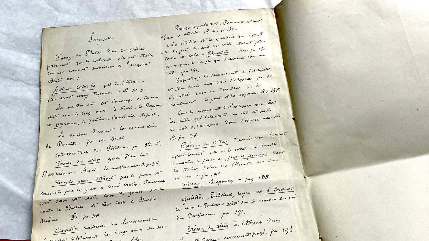 1900s French handwritten manuscript pages detailing ancient Greece history and mythology with elegant script.