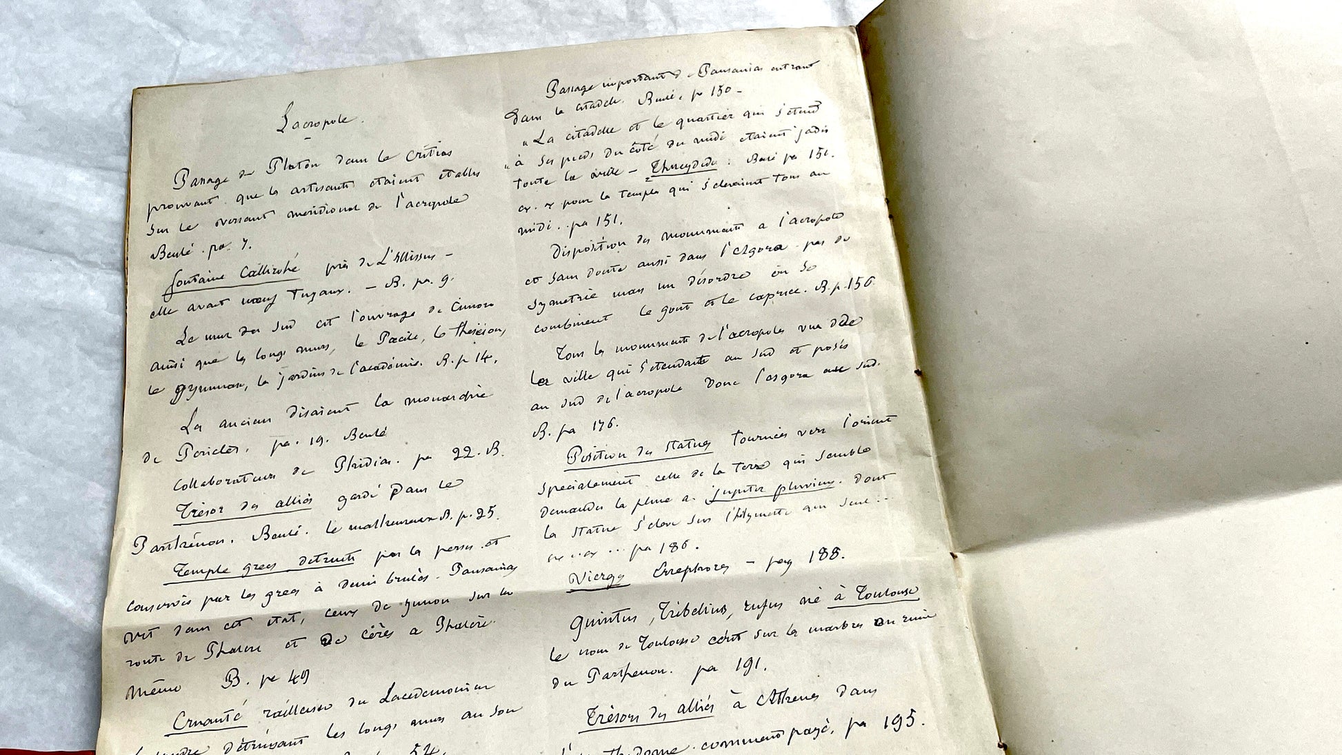 1900s French handwritten manuscript pages detailing ancient Greece history and mythology with elegant script.