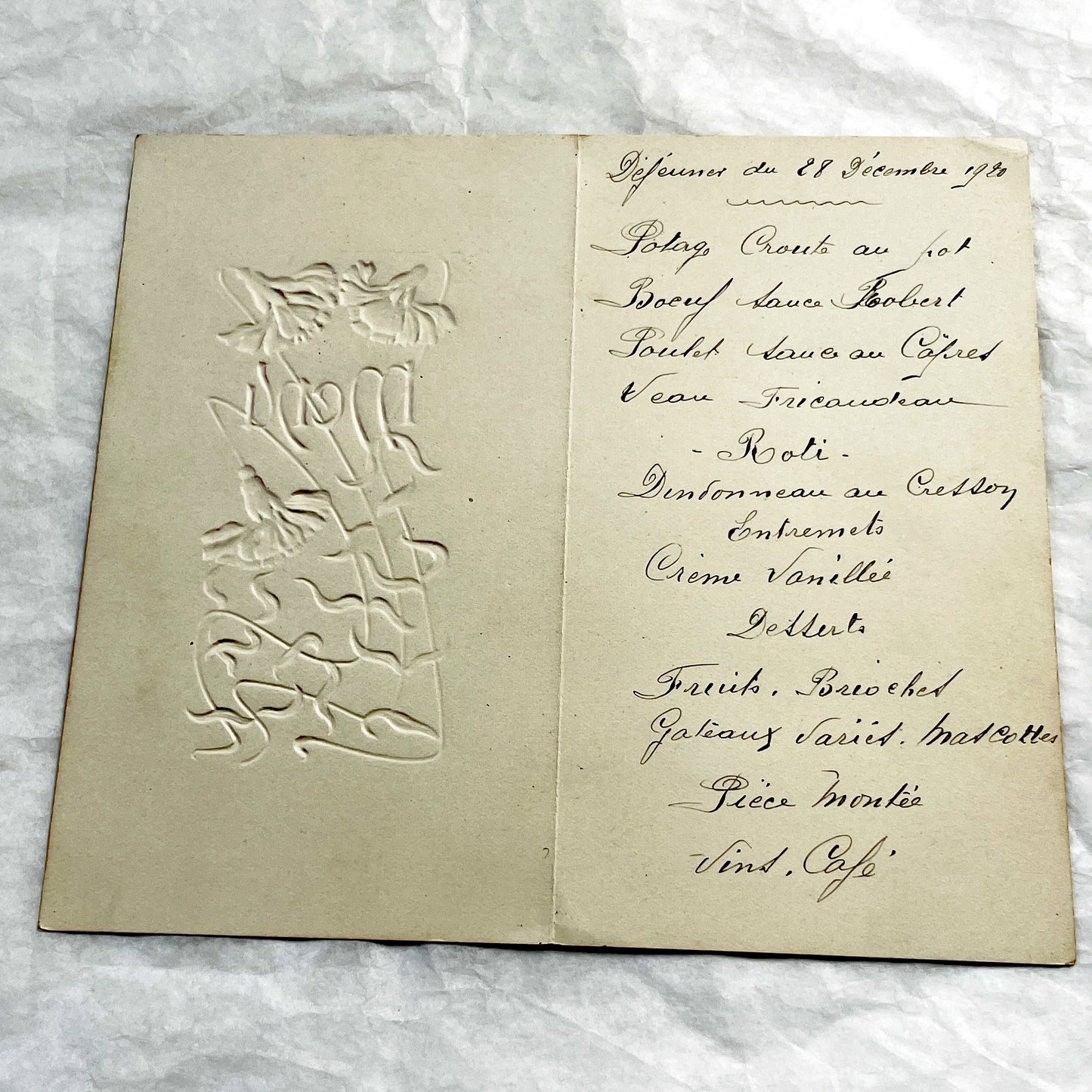 1920s - Antique French Menu Card - Embossed Floral Design - Handwritten Dinner & Lunch Celebration - December 1920