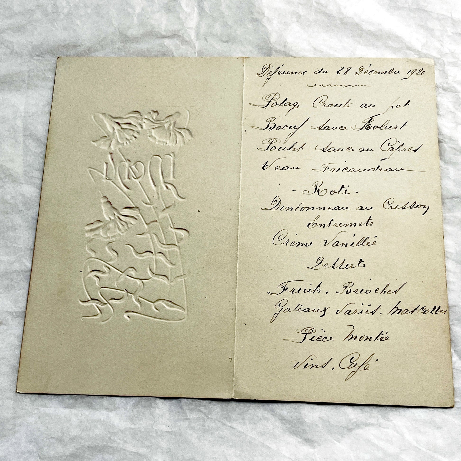 1920s - Antique French Menu Card - Embossed Floral Design - Handwritten Dinner & Lunch Celebration - December 1920
