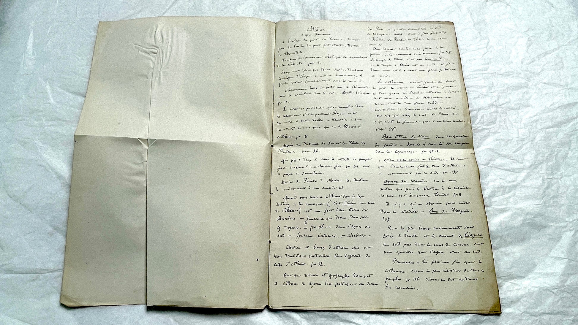 1900s French handwritten manuscript pages detailing ancient Greece history and mythology with elegant script.