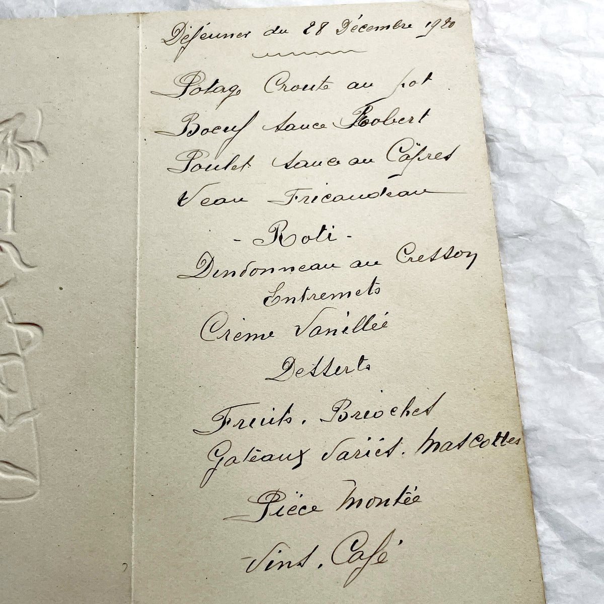 1920s - Antique French Menu Card - Embossed Floral Design - Handwritten Dinner & Lunch Celebration - December 1920