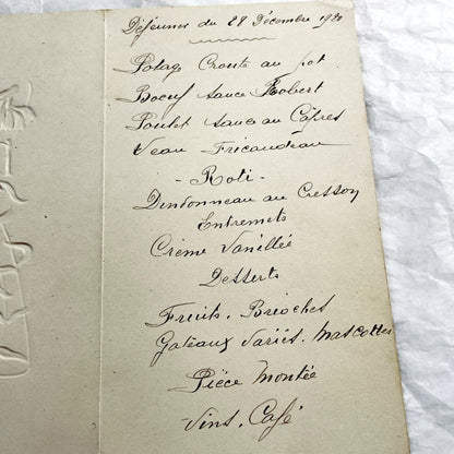 1920s - Antique French Menu Card - Embossed Floral Design - Handwritten Dinner & Lunch Celebration - December 1920