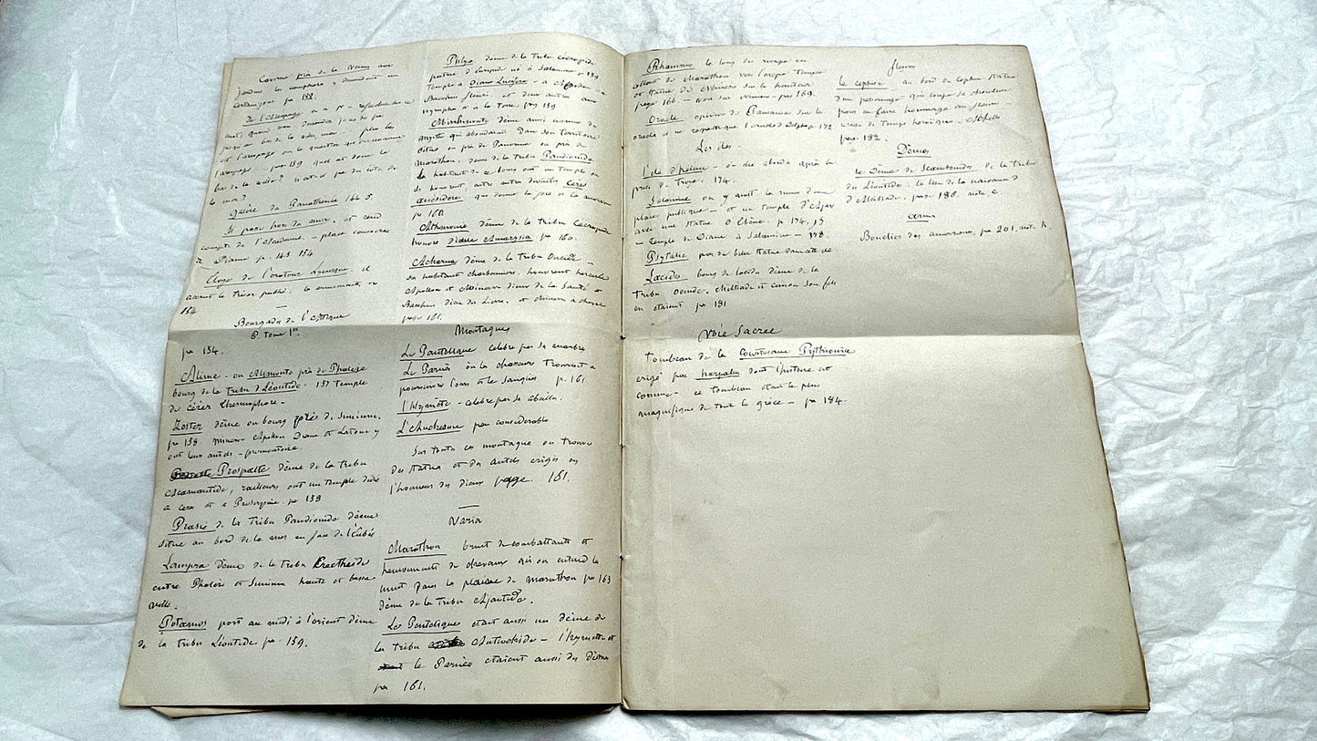 1900s French handwritten manuscript pages detailing ancient Greece history and mythology with elegant script.
