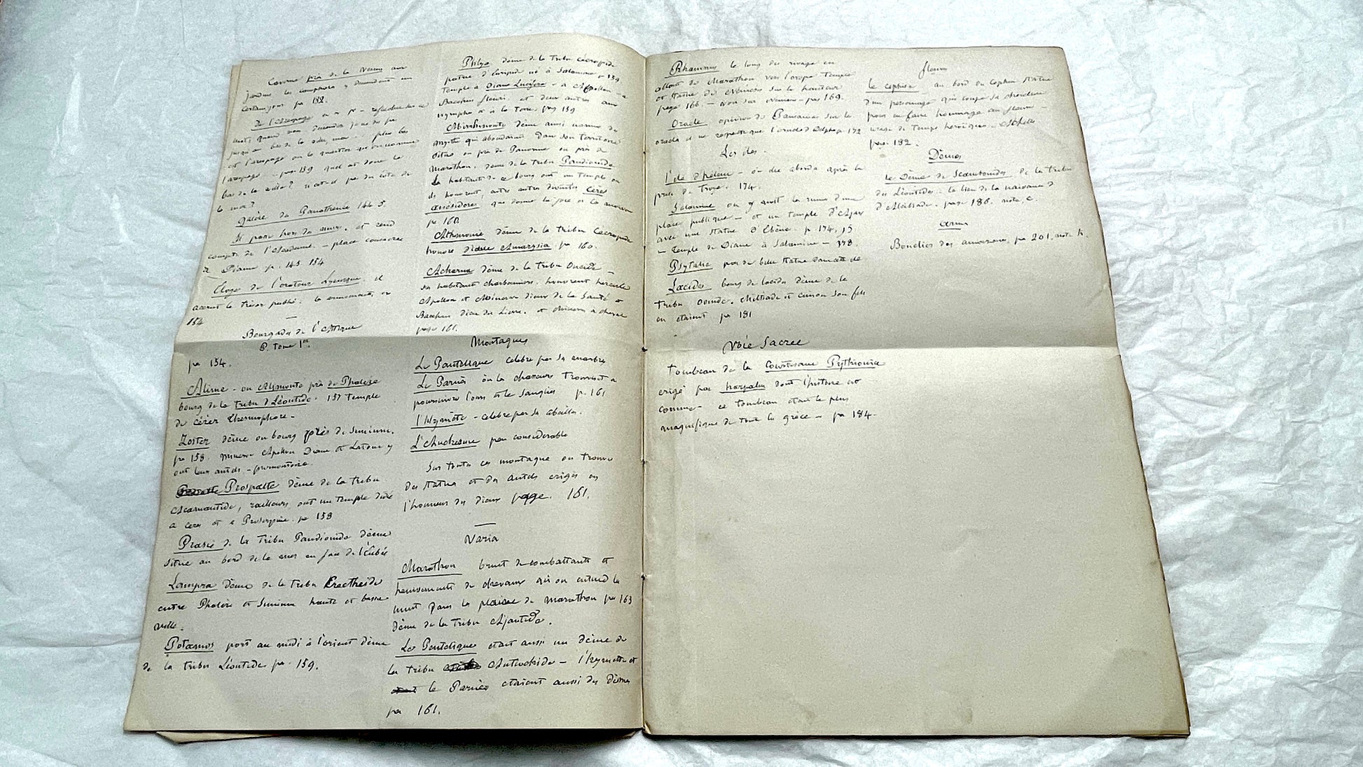 1900s French handwritten manuscript pages detailing ancient Greece history and mythology with elegant script.