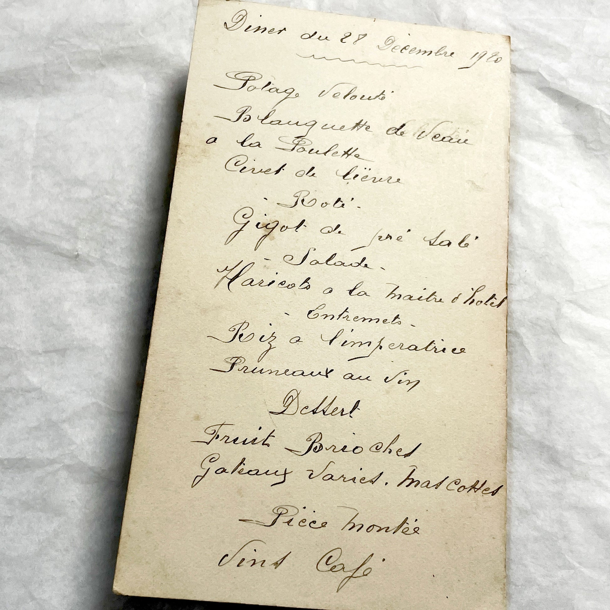 1920s - Antique French Menu Card - Embossed Floral Design - Handwritten Dinner & Lunch Celebration - December 1920