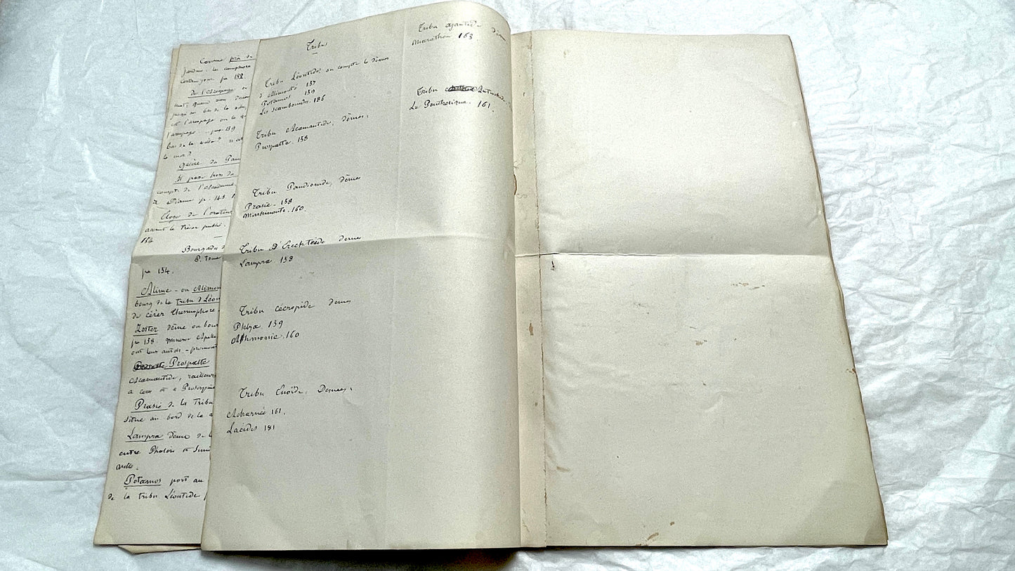 1900s French handwritten manuscript pages detailing ancient Greece history and mythology with elegant script.