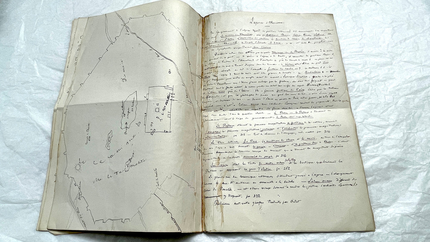 1900s French handwritten manuscript pages detailing ancient Greece history and mythology with elegant script.