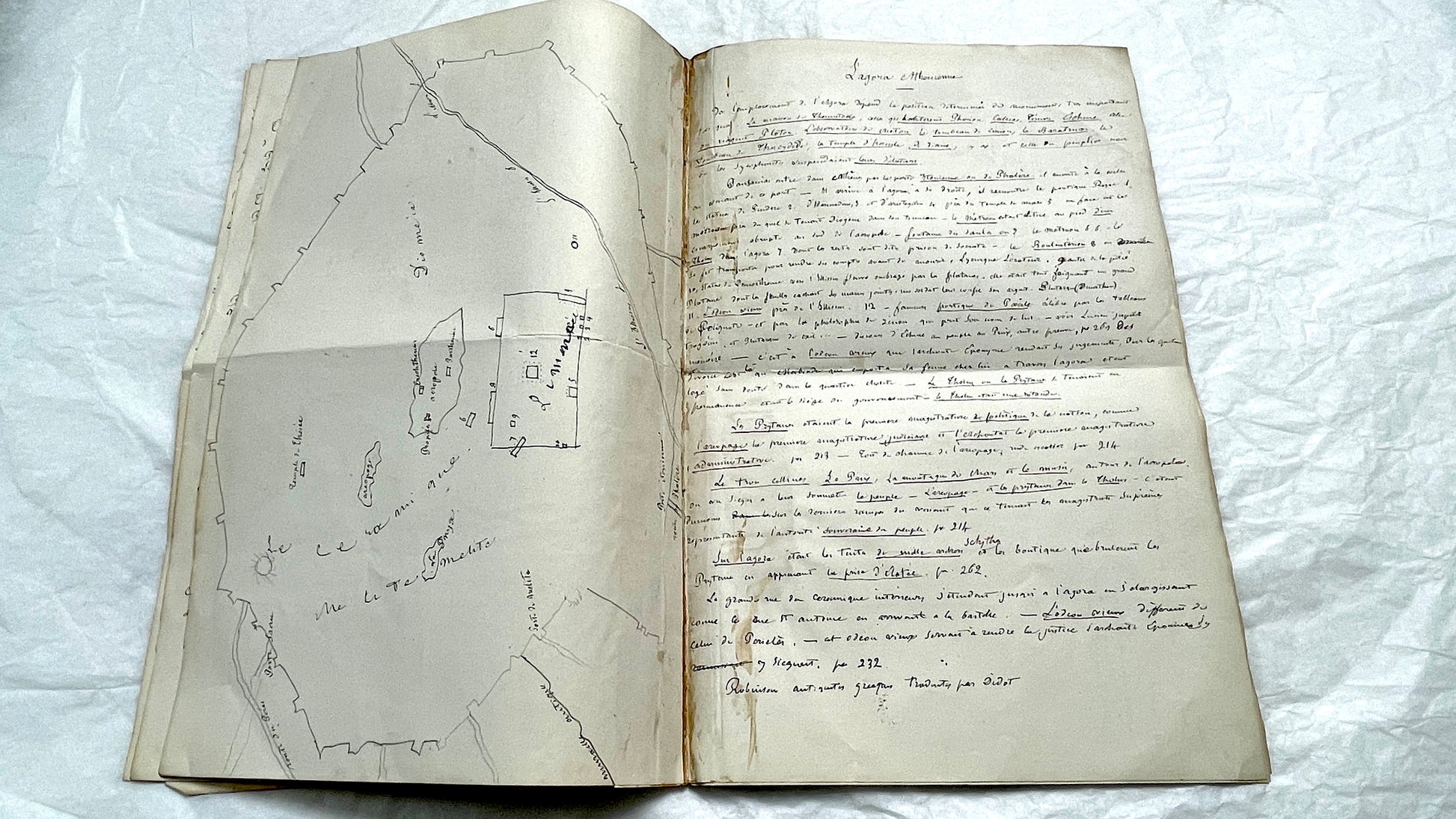 1900s French handwritten manuscript pages detailing ancient Greece history and mythology with elegant script.