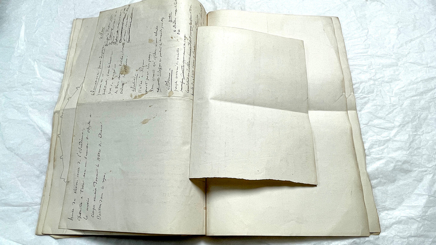 1900s French handwritten manuscript pages detailing ancient Greece history and mythology with elegant script.