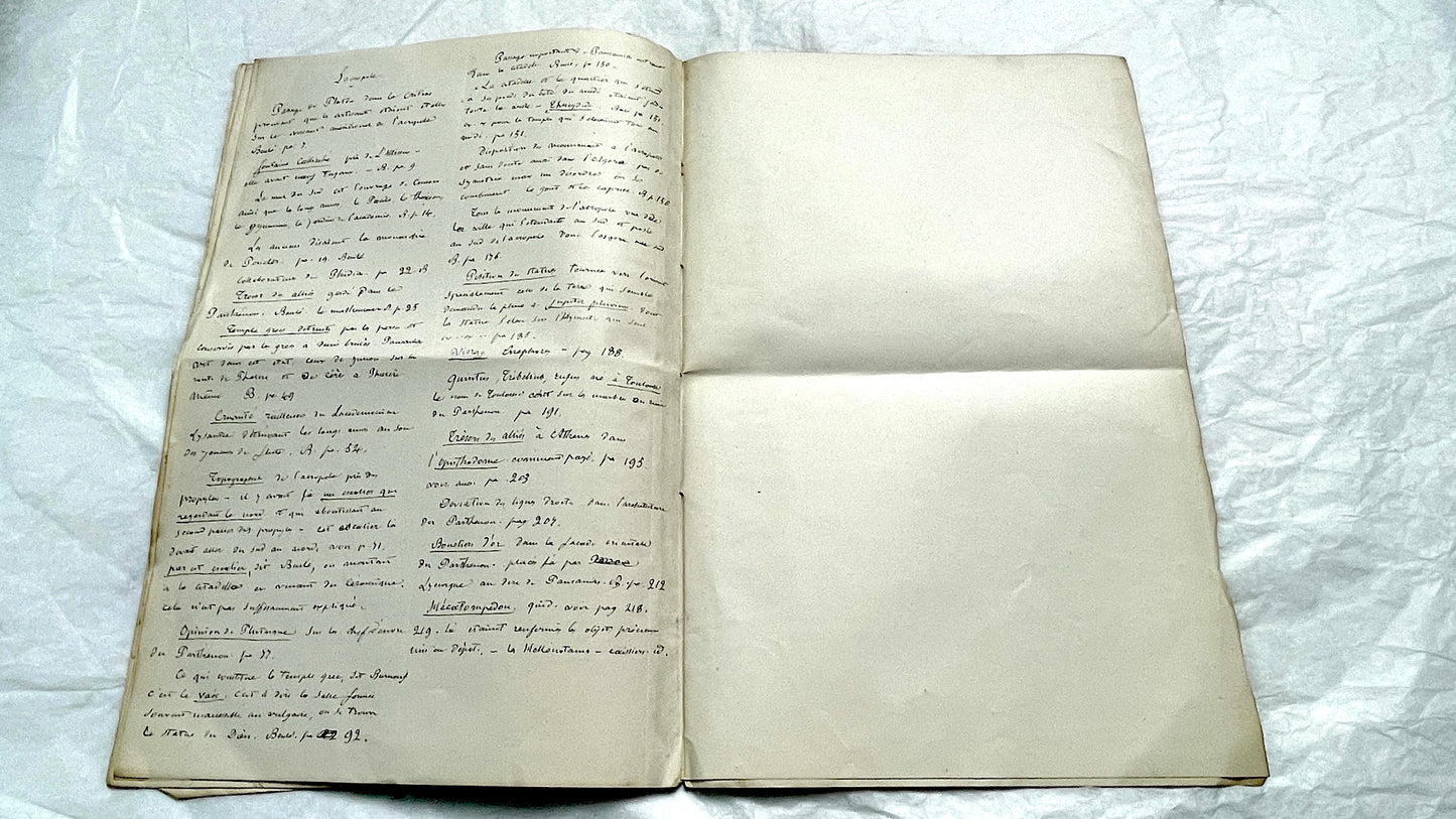 1900s French handwritten manuscript pages detailing ancient Greece history and mythology with elegant script.