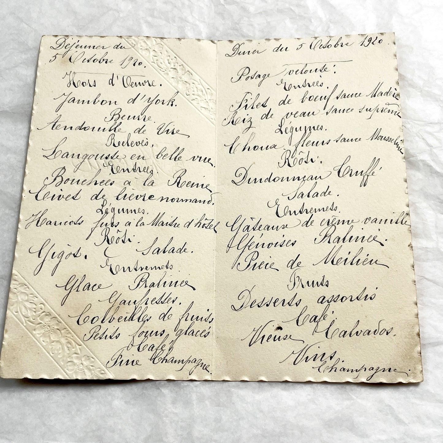 1920s - Antique French Menu Card - Handwritten Dinner and Lunch Ephemera - Elaborate Vintage Cuisine Document - Elegant Collectible Paper