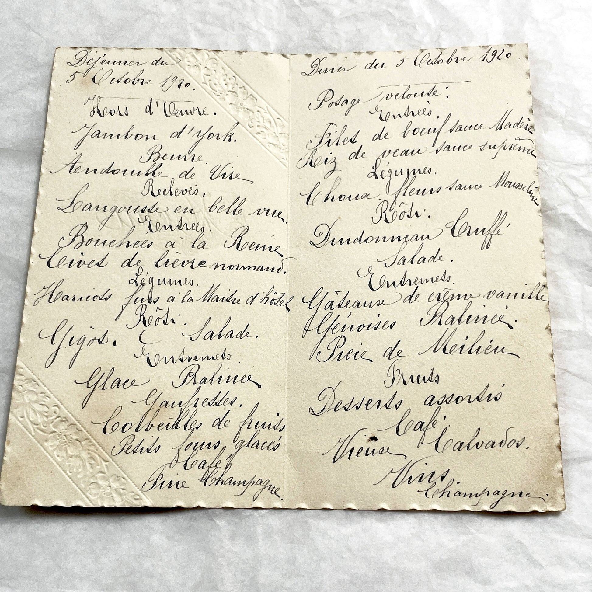 1920s - Antique French Menu Card - Handwritten Dinner and Lunch Ephemera - Elaborate Vintage Cuisine Document - Elegant Collectible Paper