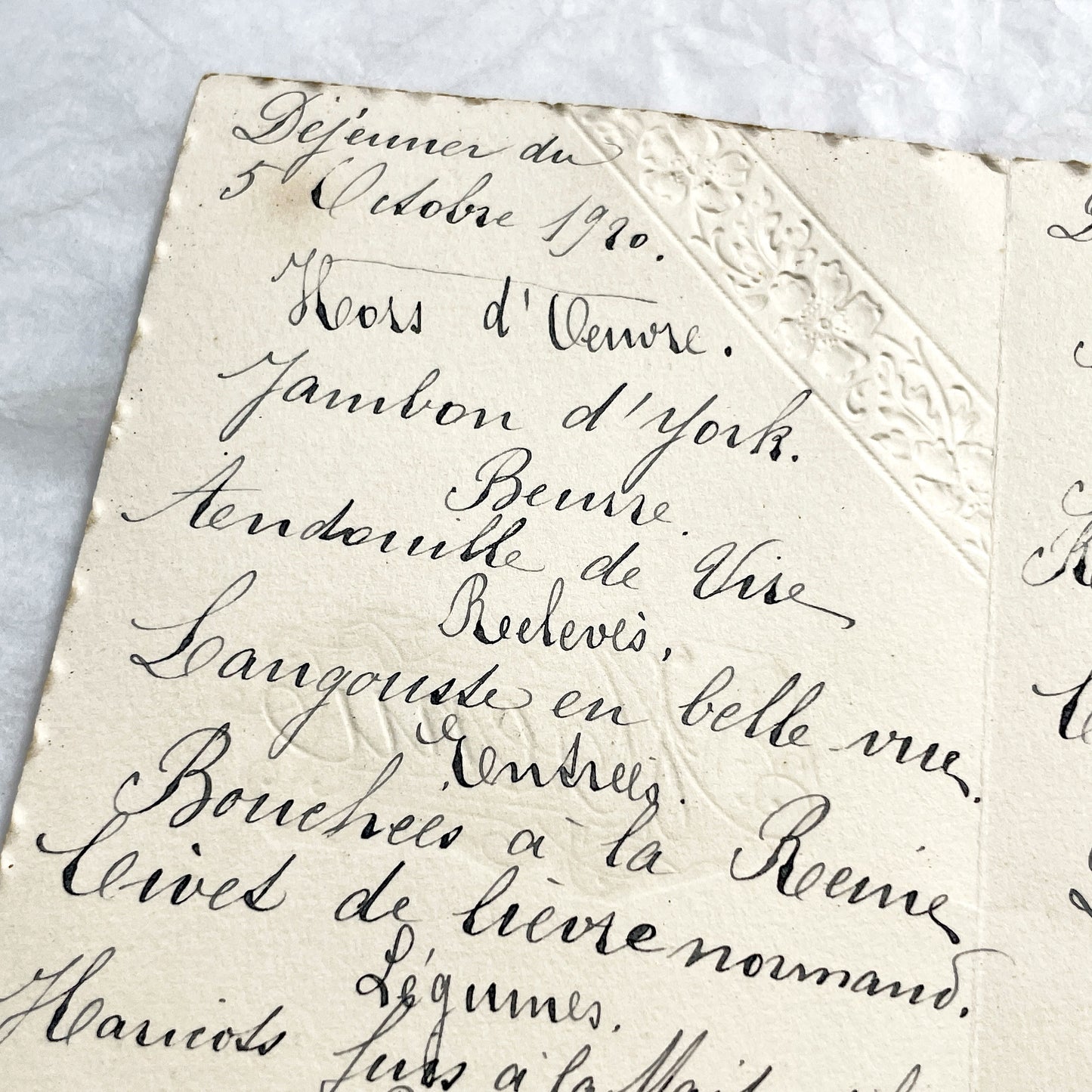 1920s - Antique French Menu Card - Handwritten Dinner and Lunch Ephemera - Elaborate Vintage Cuisine Document - Elegant Collectible Paper