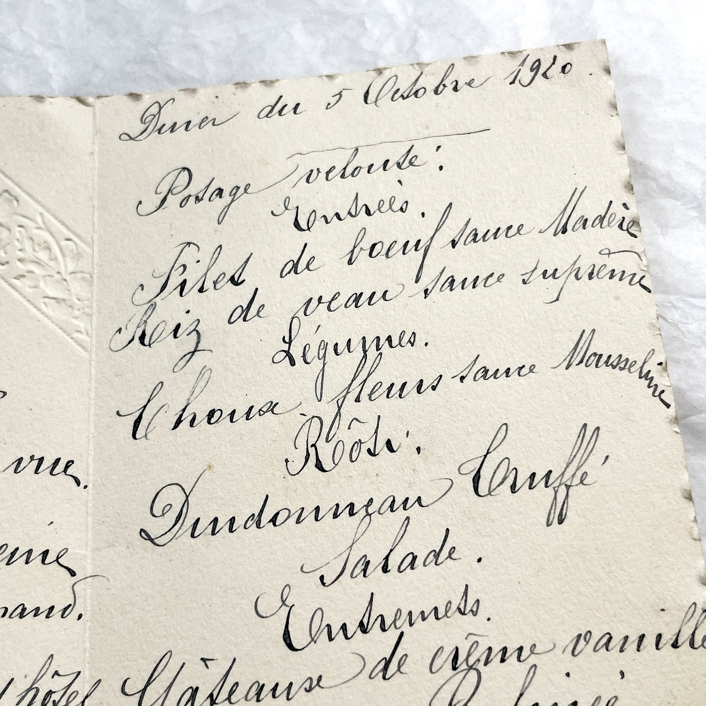 1920s - Antique French Menu Card - Handwritten Dinner and Lunch Ephemera - Elaborate Vintage Cuisine Document - Elegant Collectible Paper