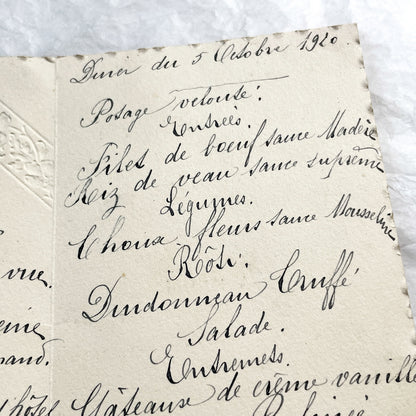 1920s - Antique French Menu Card - Handwritten Dinner and Lunch Ephemera - Elaborate Vintage Cuisine Document - Elegant Collectible Paper