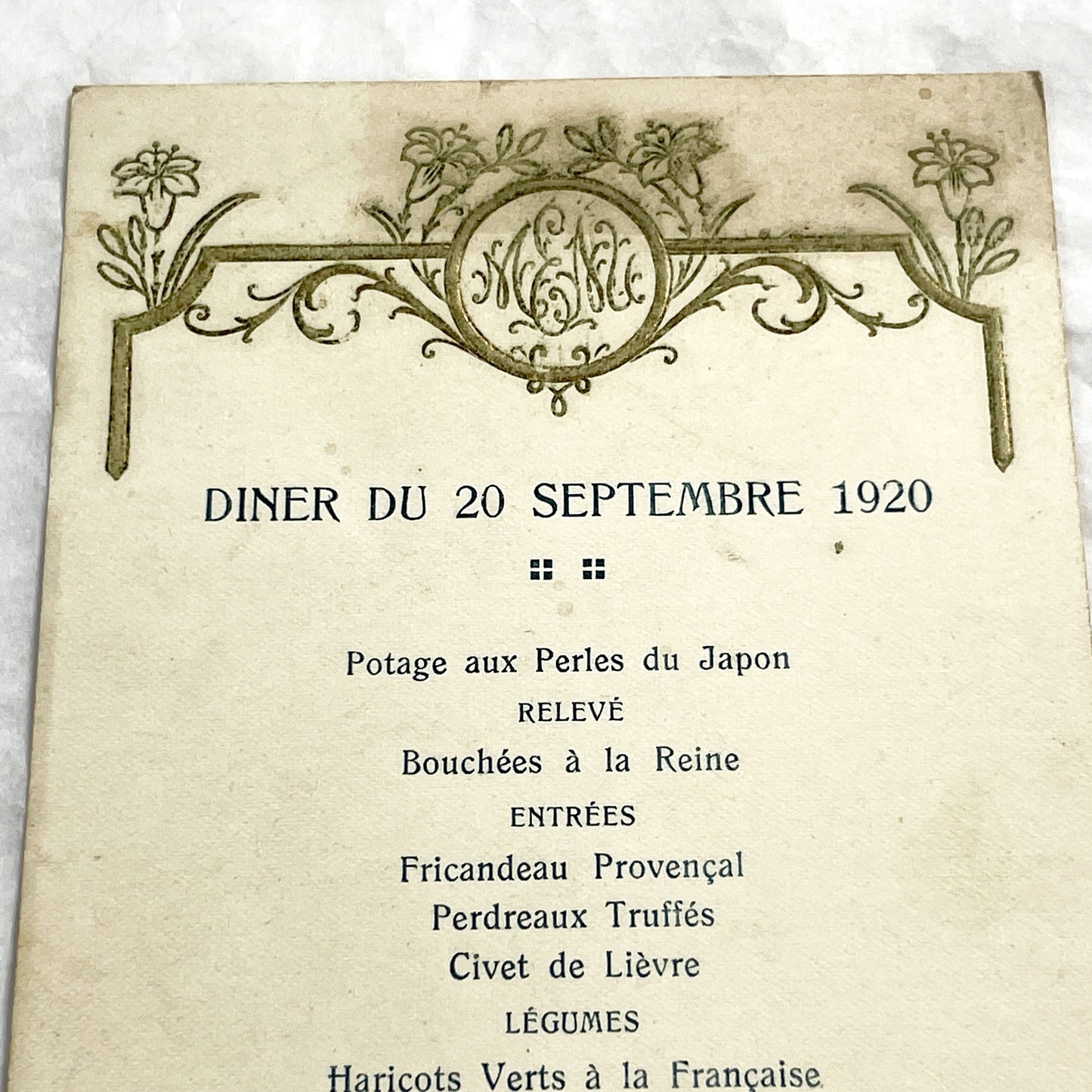 1920s - Vintage French Dinner Menu - September 20 1920 - Ornate Art Deco Monogram Design - Historical Dining Ephemera