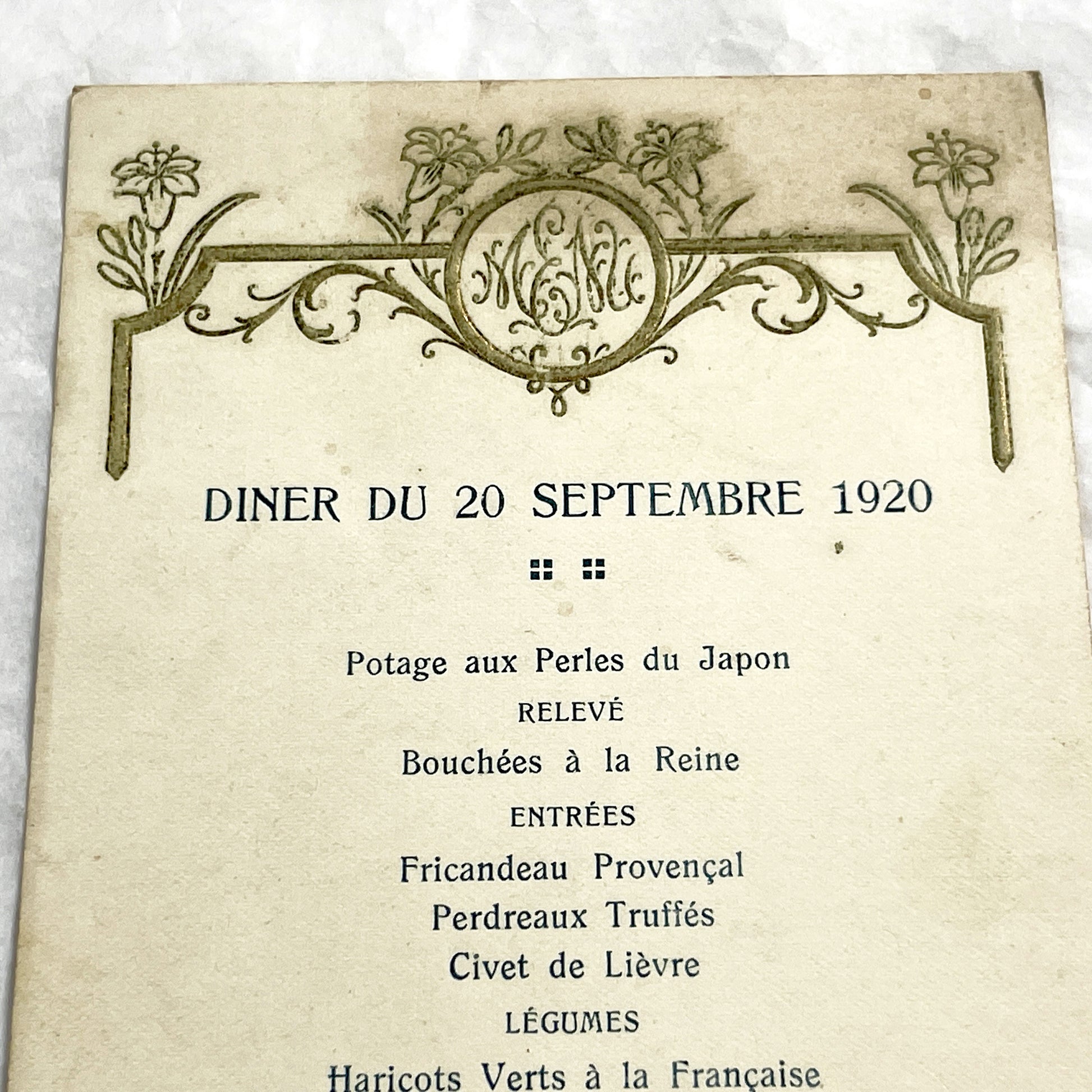 1920s - Vintage French Dinner Menu - September 20 1920 - Ornate Art Deco Monogram Design - Historical Dining Ephemera