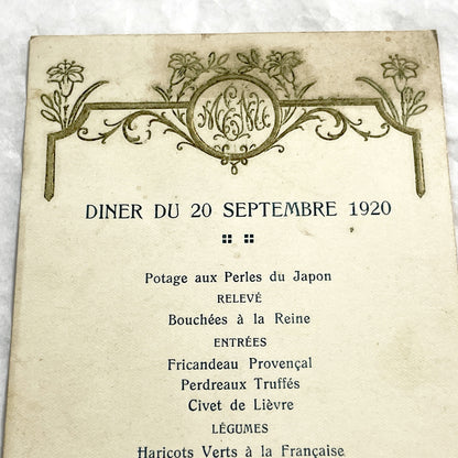 1920s - Vintage French Dinner Menu - September 20 1920 - Ornate Art Deco Monogram Design - Historical Dining Ephemera