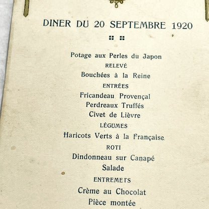 1920s - Vintage French Dinner Menu - September 20 1920 - Ornate Art Deco Monogram Design - Historical Dining Ephemera