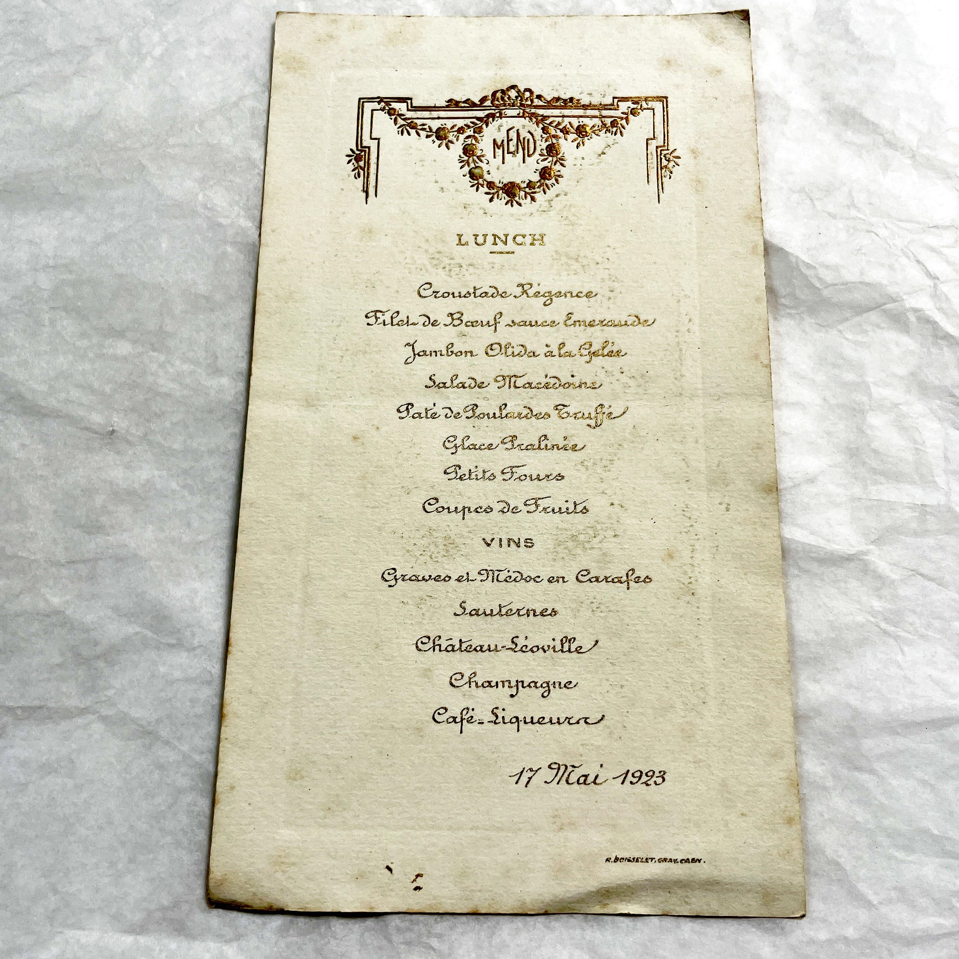 1920s - Vintage French Menu Card - Elegant Lunch Dinner Service - Gilded Art Deco Motif - Fine Dining Historical Ephemera - 17 Mai 1923