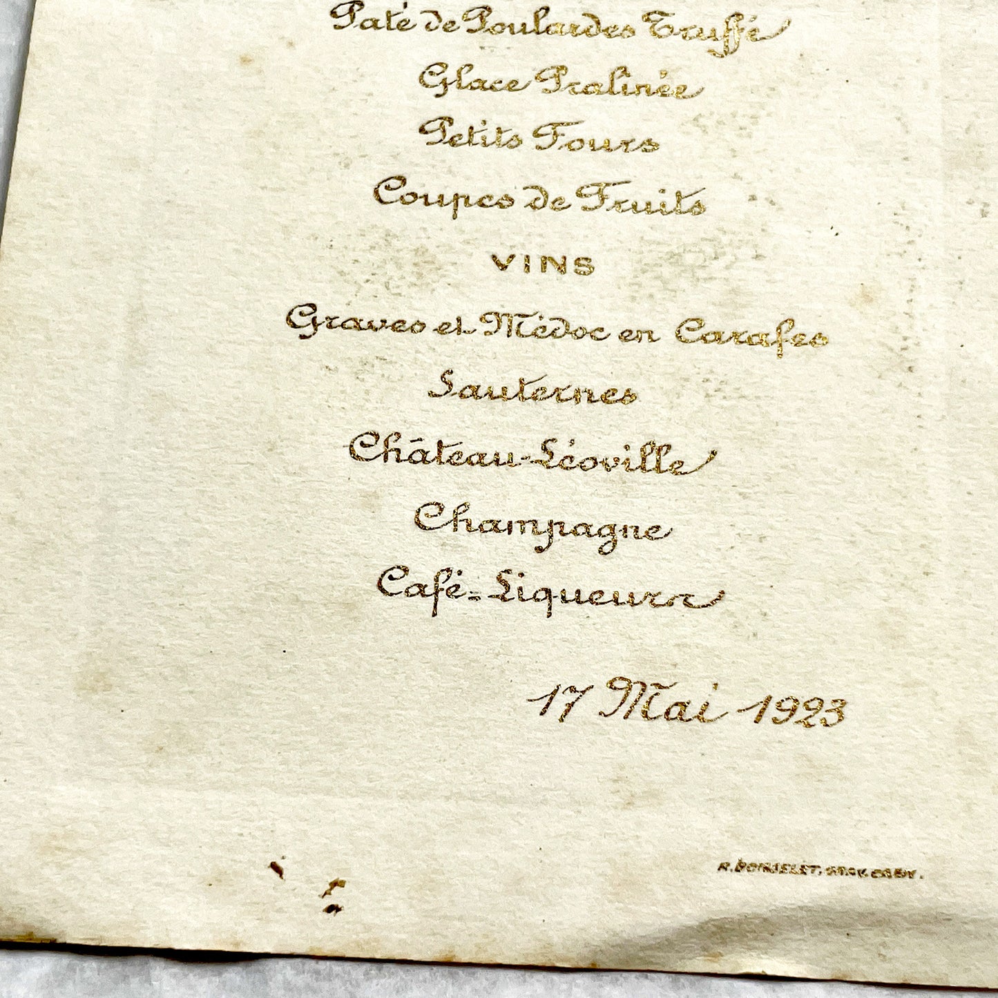 1920s - Vintage French Menu Card - Elegant Lunch Dinner Service - Gilded Art Deco Motif - Fine Dining Historical Ephemera - 17 Mai 1923