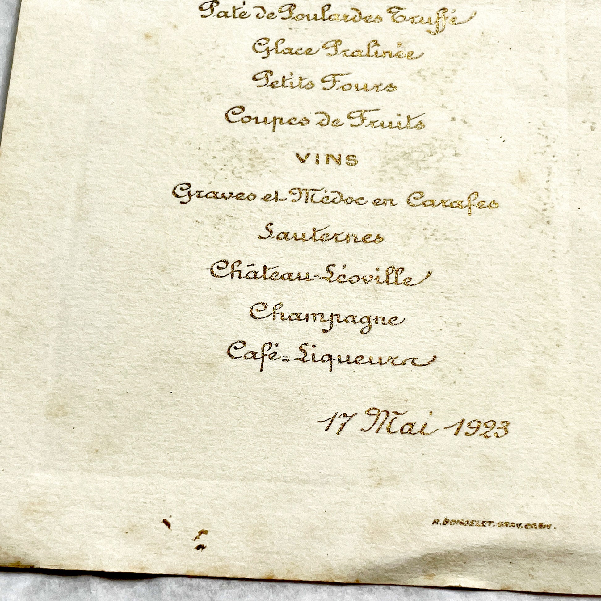 1920s - Vintage French Menu Card - Elegant Lunch Dinner Service - Gilded Art Deco Motif - Fine Dining Historical Ephemera - 17 Mai 1923