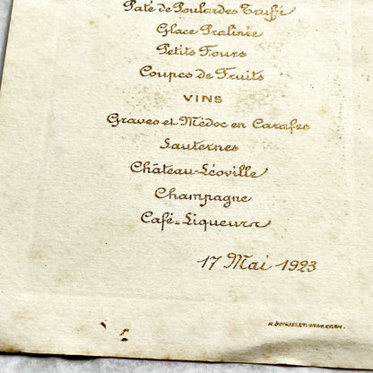 1920s - Vintage French Menu Card - Elegant Lunch Dinner Service - Gilded Art Deco Motif - Fine Dining Historical Ephemera - 17 Mai 1923