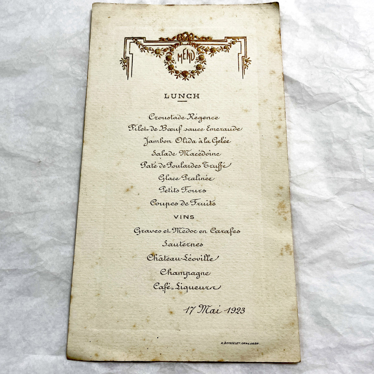 1920s - Vintage 1923 French Restaurant Menu - Formal Lunch Event Dining Memorabilia - Haute Cuisine - Elegant Dining - Collectible Ephemera