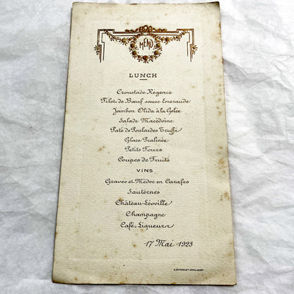 1920s - Vintage 1923 French Restaurant Menu - Formal Lunch Event Dining Memorabilia - Haute Cuisine - Elegant Dining - Collectible Ephemera
