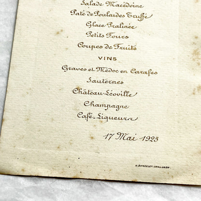 1920s - Vintage 1923 French Restaurant Menu - Formal Lunch Event Dining Memorabilia - Haute Cuisine - Elegant Dining - Collectible Ephemera